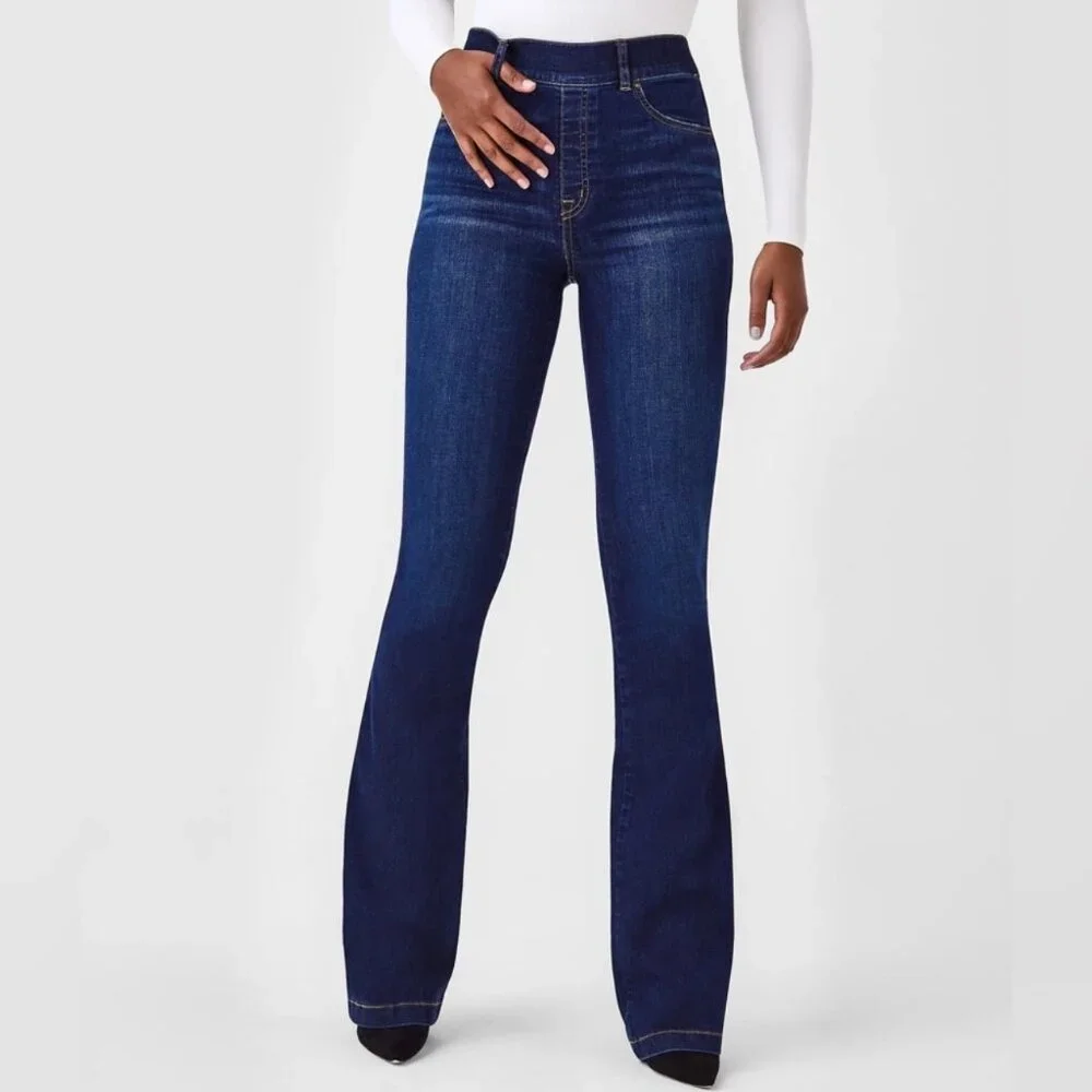 SPANX High Rise Pull-On Flare Midnight Dark Wash Jeans Size L - Picture 2 of 16